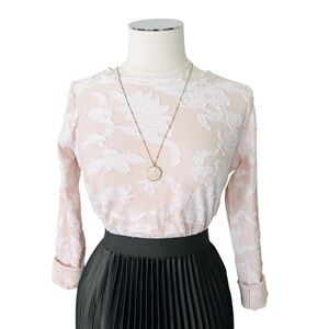 LOFT Floral Textured Application Cotton Shirt Long-Sleeve Blush Pink Cream Sz S